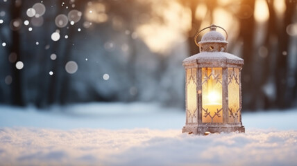 Christmas Lantern On Snow With Defocused background