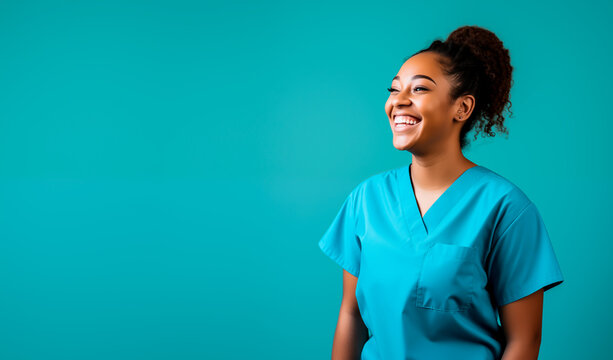 Nurse or healthcare professional looking happy and smiling. Colored woman wearing scrubs nurse uniform.  Isolated on blue or ceil background with copy space. 