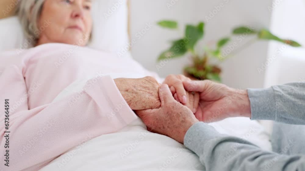 Poster Bed, holding hands and senior couple with care, retirement and compassion with empathy, sick and kindness. Bedroom, elderly woman or old man with hope, help and comfort with sympathy, support or love