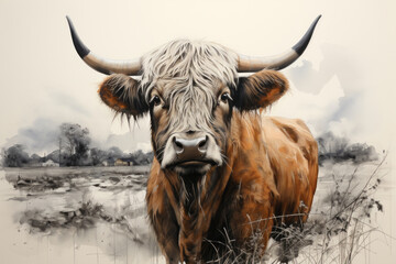 Painting of a highland cattle animal with horns