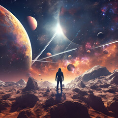Fototapeta premium An astronaut alone explores an unfamiliar planet.