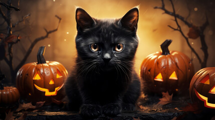Black cat with pumpkins outdoors, Halloween vibes