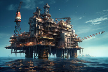 Oil platform on the ocean. Offshore drilling for gas and petroleum.