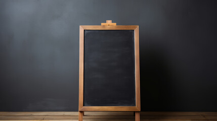 Blank chalkboard positioned on a wooden stand