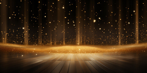 Fototapeta na wymiar Golden confetti on empty festive stage with light. 