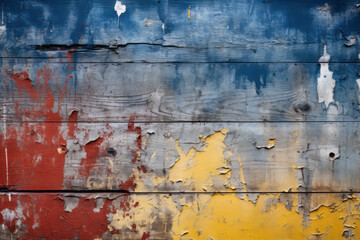 Blue, red, and yellow paint on wooden background