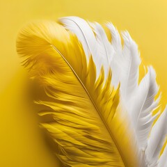 Close up of bright vibrant yellow and white feather. Copy space, yellow background. Fashion and Party concept  from a bird's feather soft silky light tickle Generative AI 