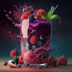 Fresh mixed berry smoothie refreshing cold drink with fruits straw splash strawberry drops healthy in a glass cup yoghurt mint leaf  raspberry blueberry cold freshness Generative AI 