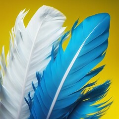 Close up of bright vibrant blue and white feather. Copy space, yellow background. Fashion and Party concept from a bird's feather yellow white blue tricolor soft silky light tickle Generative AI 