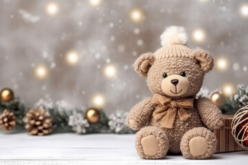 Lovely knitted toy bear cute Christmas background, copy free space. Sweet seasonal greeting card.