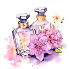 Floral watercolor perfume illustration isolated on transparent background
