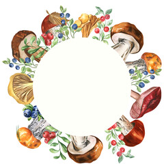 Watercolor frame of wild berries and mushrooms on a white background. Self made. Can be used in the design of napkins, cards, frames.