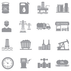 Oil and Gas Industry Icons. Gray Flat Design. Vector Illustration.