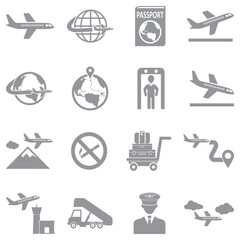 Plane Travel Icons. Gray Flat Design. Vector Illustration.