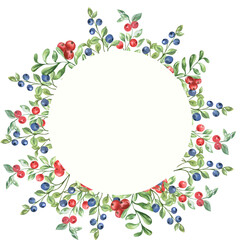 Watercolor frame of wild berries on a white background. Self made. Can be used in the design of napkins, cards, frames.