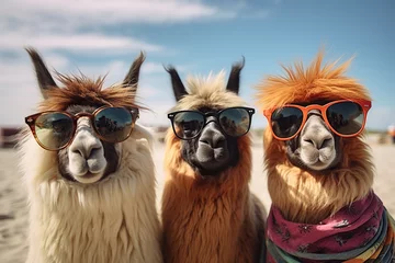 Selbstklebende Fototapeten Three llamas in sunglasses take a selfie on the beach. Beach holiday, vacation concept. Generated by artificial intelligence © Vovmar