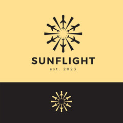 sun light with airplane shape inside logo design icon illustration