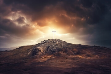 Obraz premium Holy cross symbolizing the death and resurrection of Jesus Christ with the sky over Golgotha Hill is shrouded in light and clouds. Apocalypse concept.