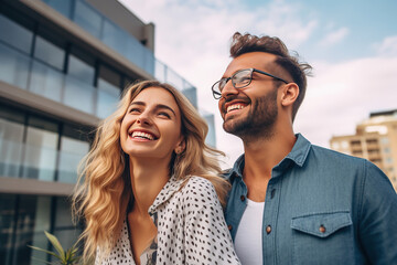 Fototapeta premium Happy young couple standing in front of new home - Husband and wife buying new house. Life style real estate concept.