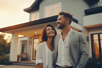 Happy young couple standing in front of new home - Husband and wife buying new house. Life style real estate concept. - obrazy, fototapety, plakaty