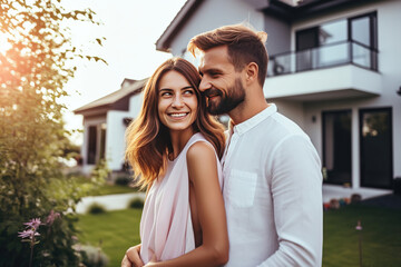 Happy young couple standing in front of new home - Husband and wife buying new house. Life style real estate concept.
