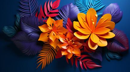 Fototapeta na wymiar 3d render colorful tropical paper leaves