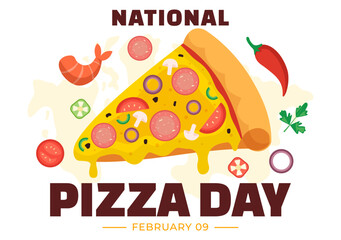 National Pizza Day Vector Illustration on February 9 with Various Toppings on Each Slice for Poster or Banner in Flat Cartoon Background Design
