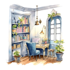 Watercolor cozy desk corner illustration isolated on transparent background