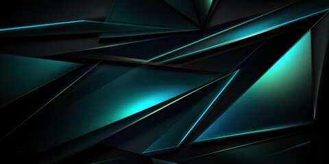 Black dark blue green abstract background. Geometric shape. 3d effect. Line triangle angle polygon wave. Color gradient. Light glow neon flash metallic.