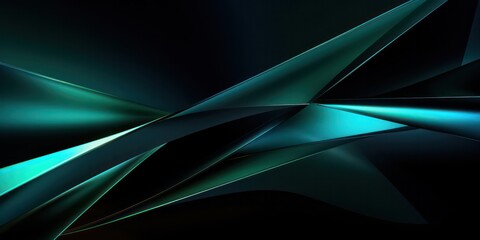 Black dark blue green abstract background. Geometric shape. 3d effect. Line triangle angle polygon wave. Color gradient. Light glow neon flash metallic. - obrazy, fototapety, plakaty