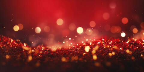 Fototapeta na wymiar Golden abstract bokeh on red background. Celebrating Christmas, New Year or other holidays.