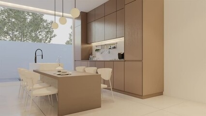 animation Minimal white kitchen and dining table. 3D illustration rendering