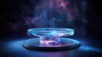 Translucent levitating podium with pulsating light.