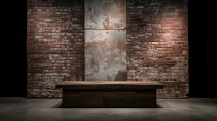 Clean lines on industrial podium with distressed steel finish. Exposed brick backdrop for urban character. Soft lighting for dynamic display.