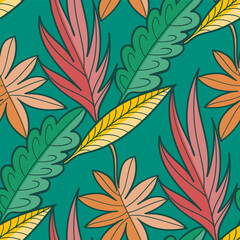 vector contemporary variety colorful leaves seamless pattern on green.