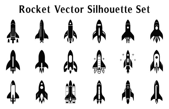 Rocket Silhouette Clipart Bundle, Set of Rocket icons vector, Launch spaceship and spacecraft Silhouettes