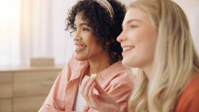 Face, home and relax friends watching tv series, movies and streaming video, news broadcast or show. Lounge, eating popcorn food and gen z people watch television, film and change channel with remote