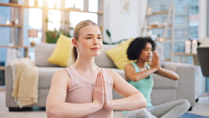 Yoga, meditation and women in home together, fitness and mindfulness training in living room....
