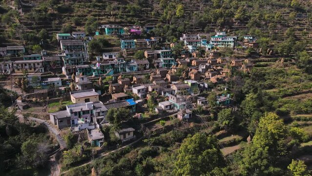 Aerial view of a Village near Paithani in Uttarakhand, India. Beautiful Indian village.