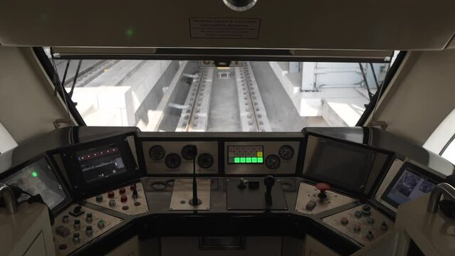 The Empty train cabin of driver of self drive Light Rail Transit LRT Jabodebek train
