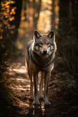 wolf in the woods, front view