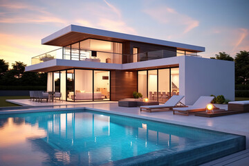 Fototapeta premium Exterior of modern minimalist cubic villa with swimming pool at sunset