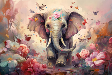 Illustration of cute elephant in flower blossom, Generative Ai
