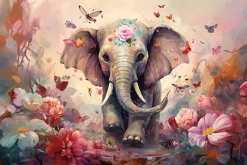Keuken foto achterwand Olifant Illustration of cute elephant in flower blossom, Generative Ai