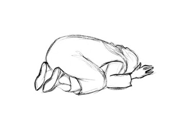 Pencil drawing. A woman begs the prophet Elisha for help