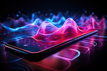 Abstract image of neon sound waves over a smartphone. Music and entertainment concept. Generated by artificial intelligence - obrazy, fototapety, plakaty