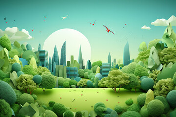 Ecology and environment conservation creative idea concept design.Green eco urban city and nature landscape background paper art style
