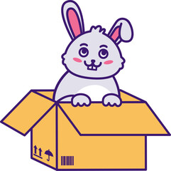 Cute small adopt eared hare sits in cardboard box and waits for owner help. Homeless rabbit. Pets and animals care concept. Vector cartoon illustration in thick stroke isolated on white background