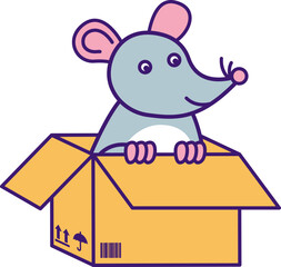 Cute small adopt gray rat sits in cardboard box and waits for owner help. Homeless mouse. Pets and animals care concept. Vector cartoon illustration in thick stroke isolated on white background