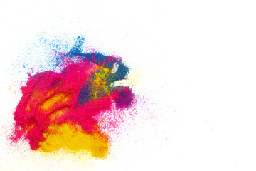 Top view of multicolored background for an Indian Festival Holi, Isolated on a white background. 